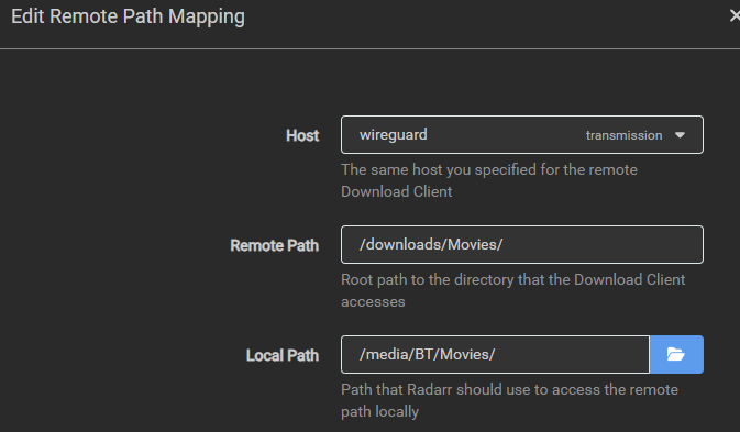Path Mapping in radarr